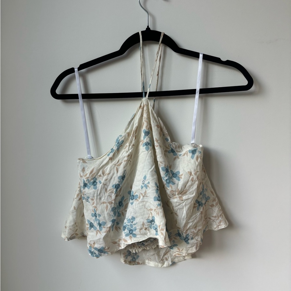 Honey Punch Floral Cream Blue Yellow Halter Cropped Tank Top Size Medium